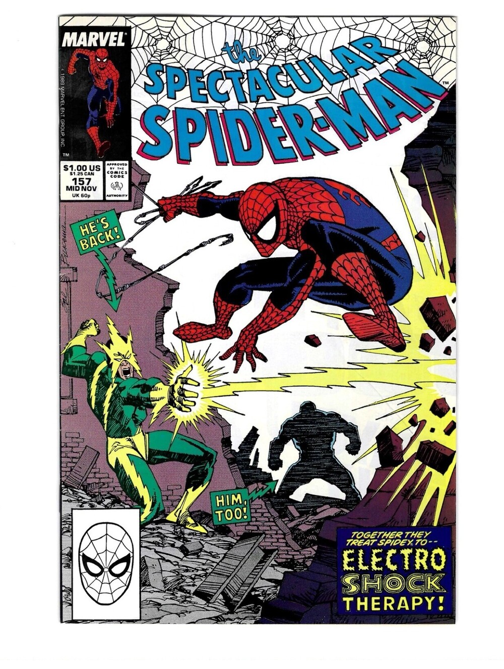 Spectacular Spider-Man #157 Mid Nov 1989 Electro Shock Therapy Cover High Grade